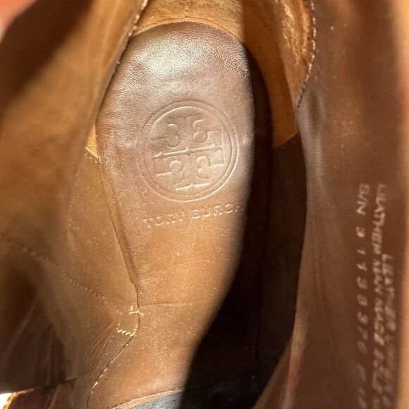 Tory Burch Milan Brown Leather Wedge Ankle Boots Size 6.5M Side Zip Logo Buckle - Picture 9 of 13